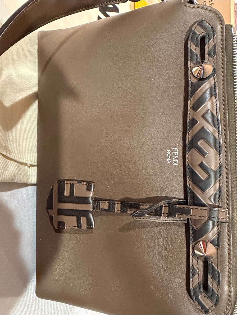 Fendi Taupe By The Way Boston Leather Crossbody with Black Patterned Trim